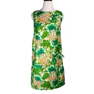 Vintage Royal Hawaiian Shift Pulmeria Floral Dress 6 Made In HI Side Pleat Tie